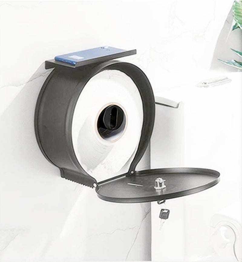 TOBEFORT Commercial Jumbo Toilet Paper Dispenser with Shelf, Black Stainless Steel Toilet Paper Holder Wall Mount, 9 Inch Bathroom Tissue Roll Dispenser with Lock Key - Image 2